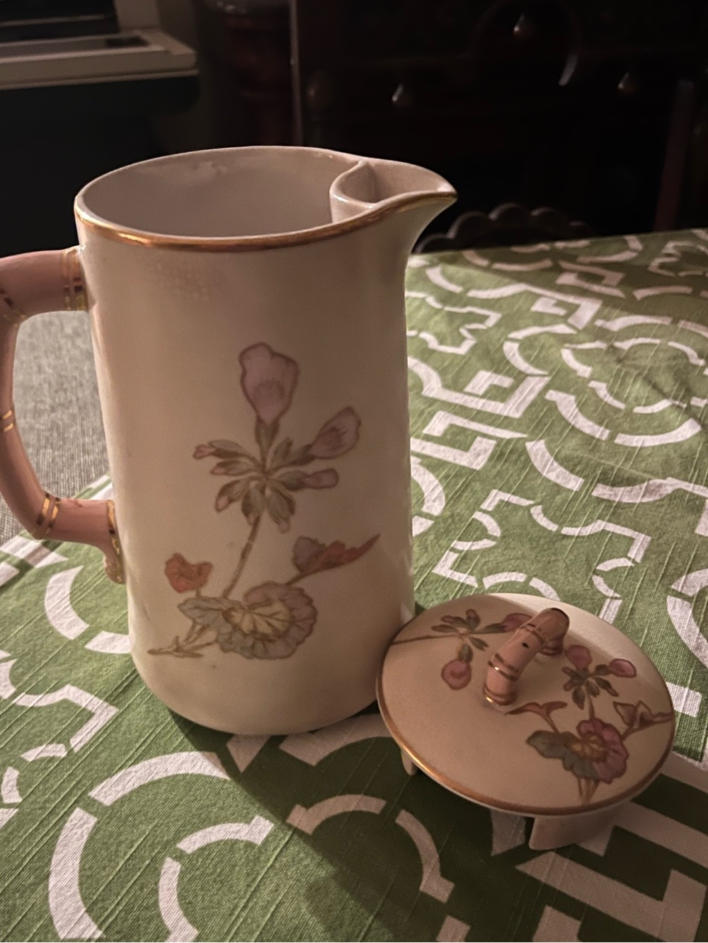 Vintage Floral Porcelain Pitcher with Lid - Pink and Gold Accents